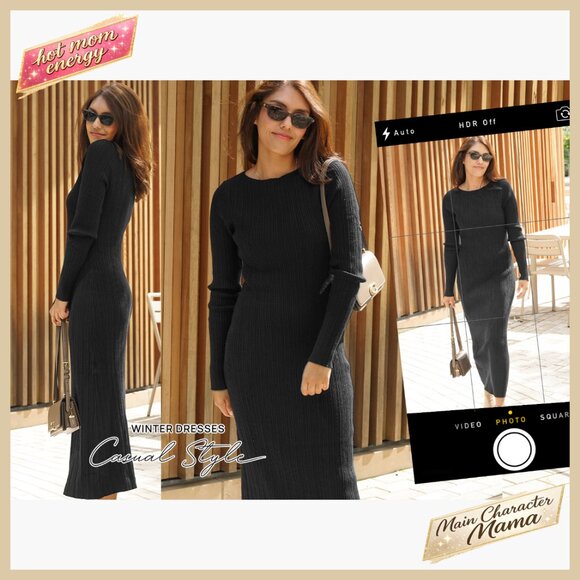 Long Sleeve Ribbed Knit Maxi Dress Bodycon Sweater Fall Winter Chic - Picture 7 of 7